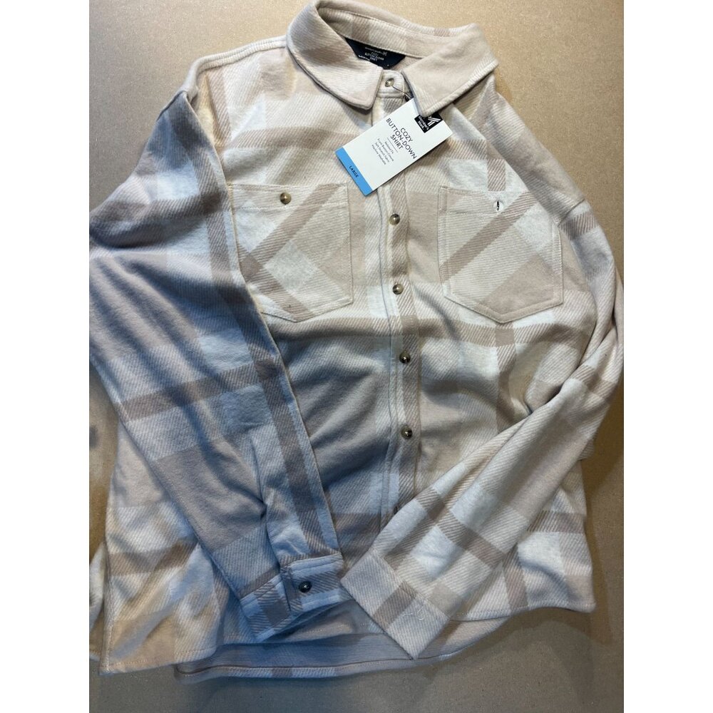 Womens Flannel Shirt Jacket Beige Plaid Button-Up Long Sleeve